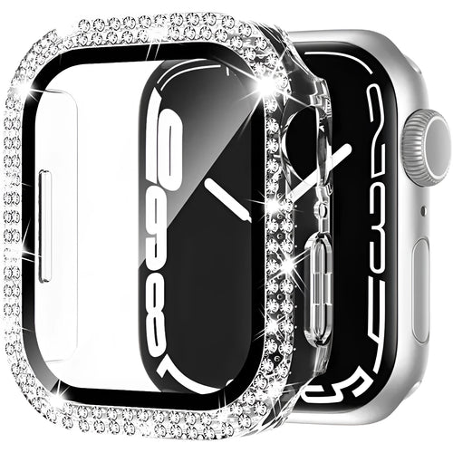 Apple Watch case with double diamond glass screen protector in rose pink colour for a 44mm model.