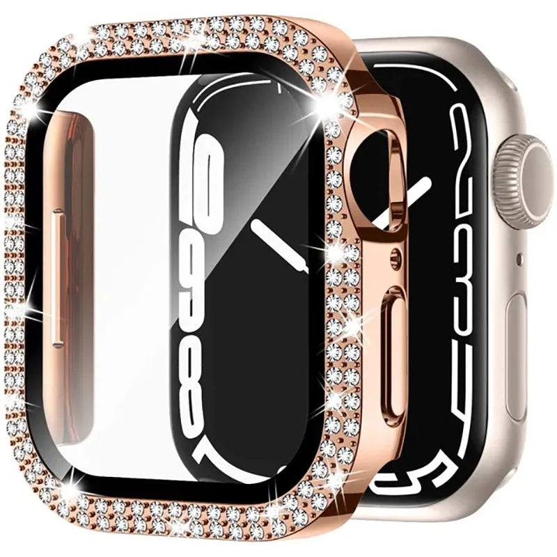 Apple Watch case with double diamond glass screen protector in rose pink colour for a 44mm model.