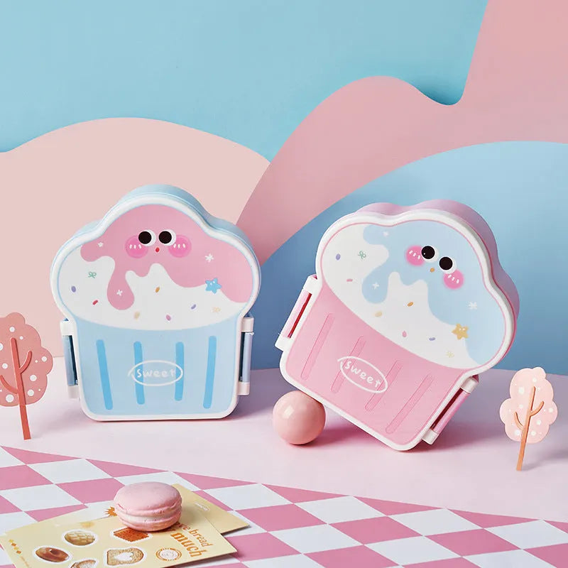 Pink and blue ice cream shaped plastic lunch box with spoon and fork included