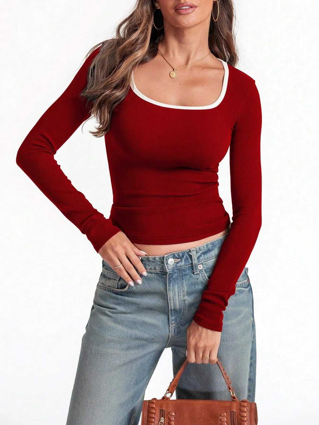 Women's cotton square collar slim fit long sleeve top in multiple colour options