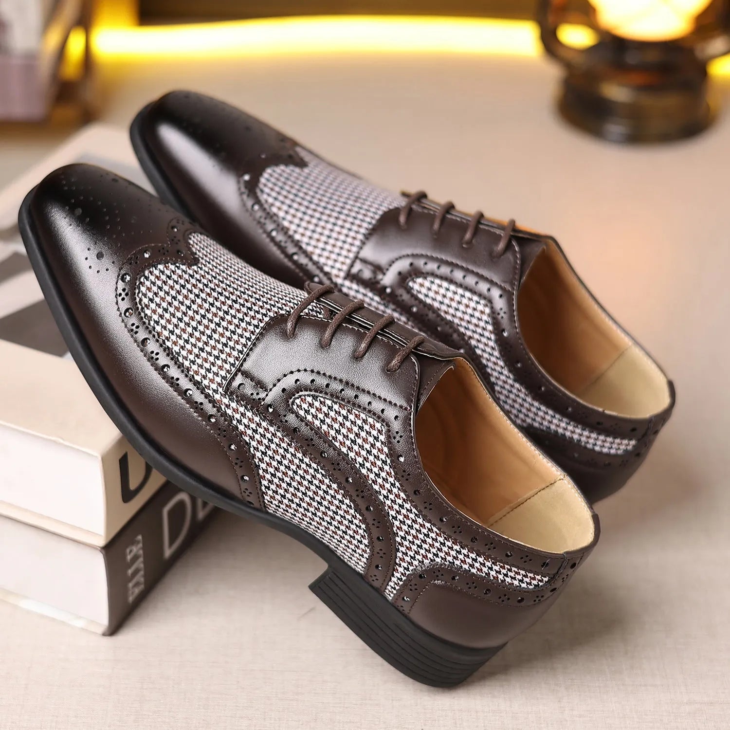 Men's black houndstooth pattern casual leather shoes with square toe and lace-up front.