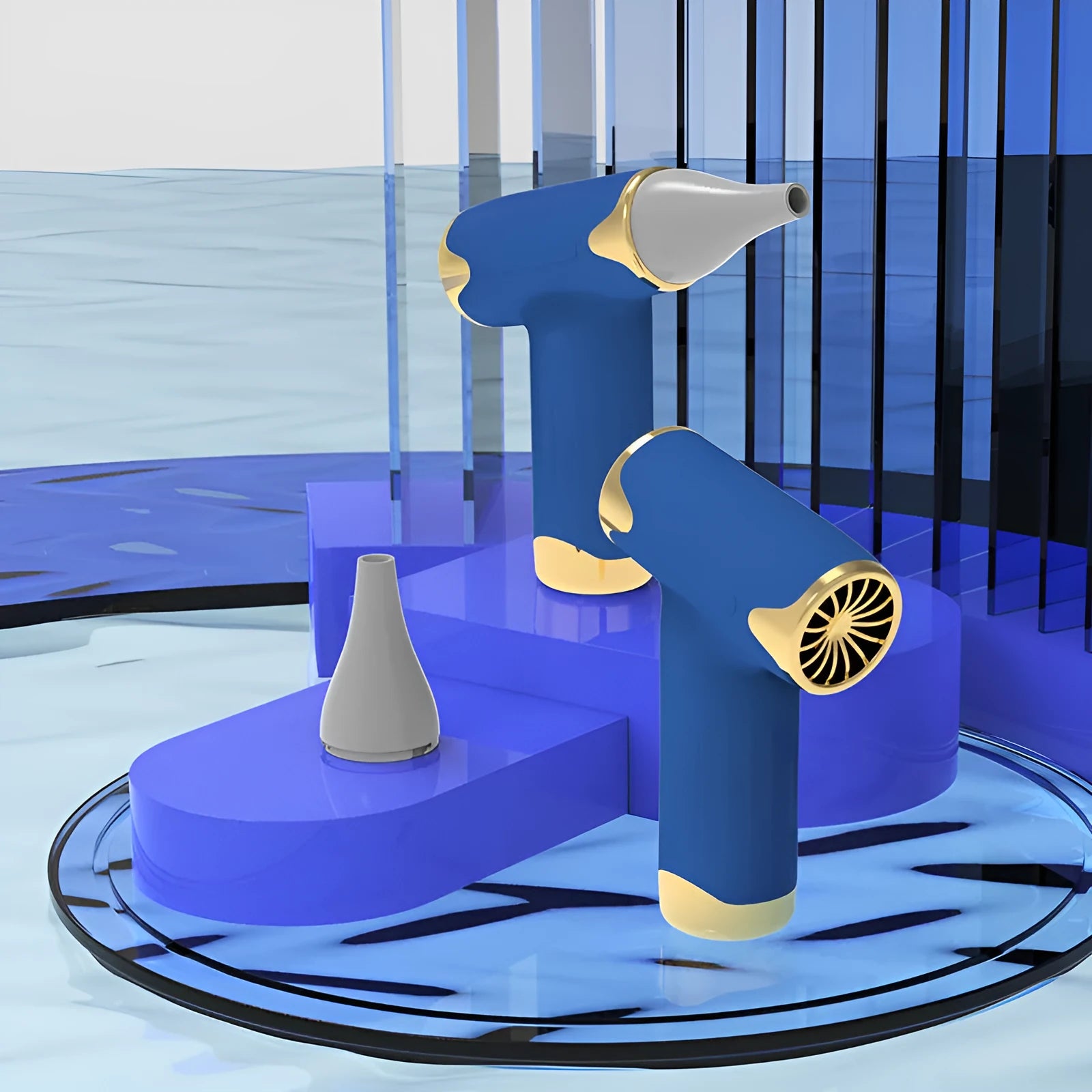 Blue handheld wireless portable fan with brushless motor on a table.