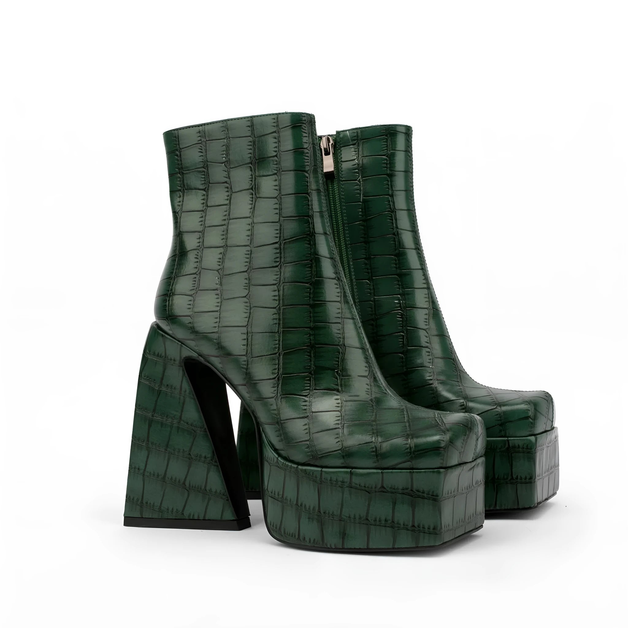 Women's artificial PU ankle boots with a super high heel in beige, shown on a foot.