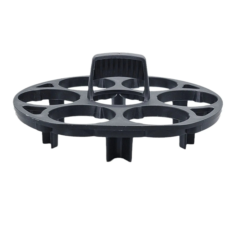 Black plastic egg holder basket for kitchen countertop storage.