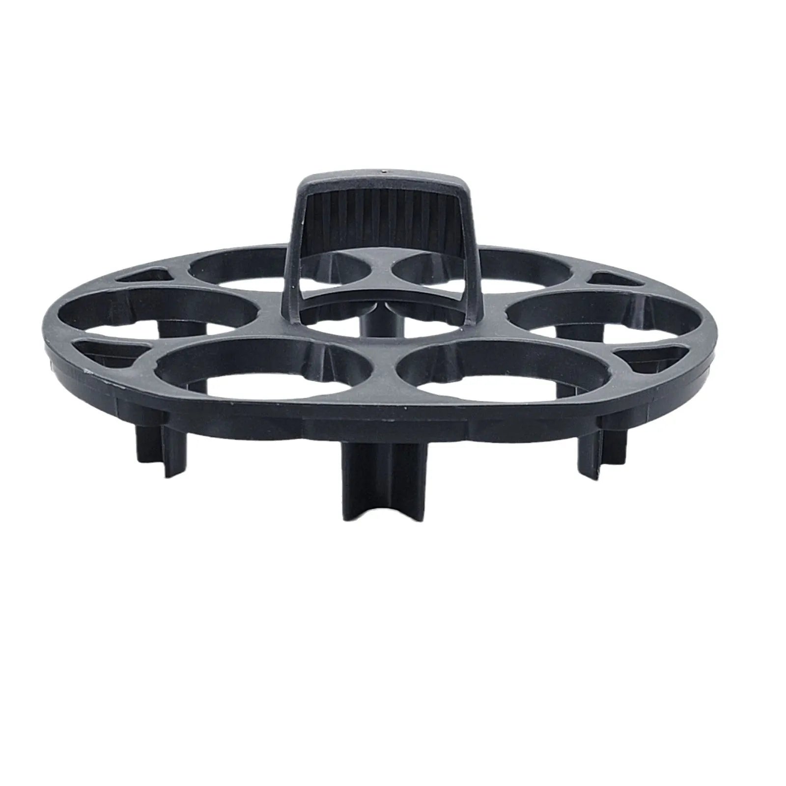 Black plastic egg holder basket for kitchen countertop storage.