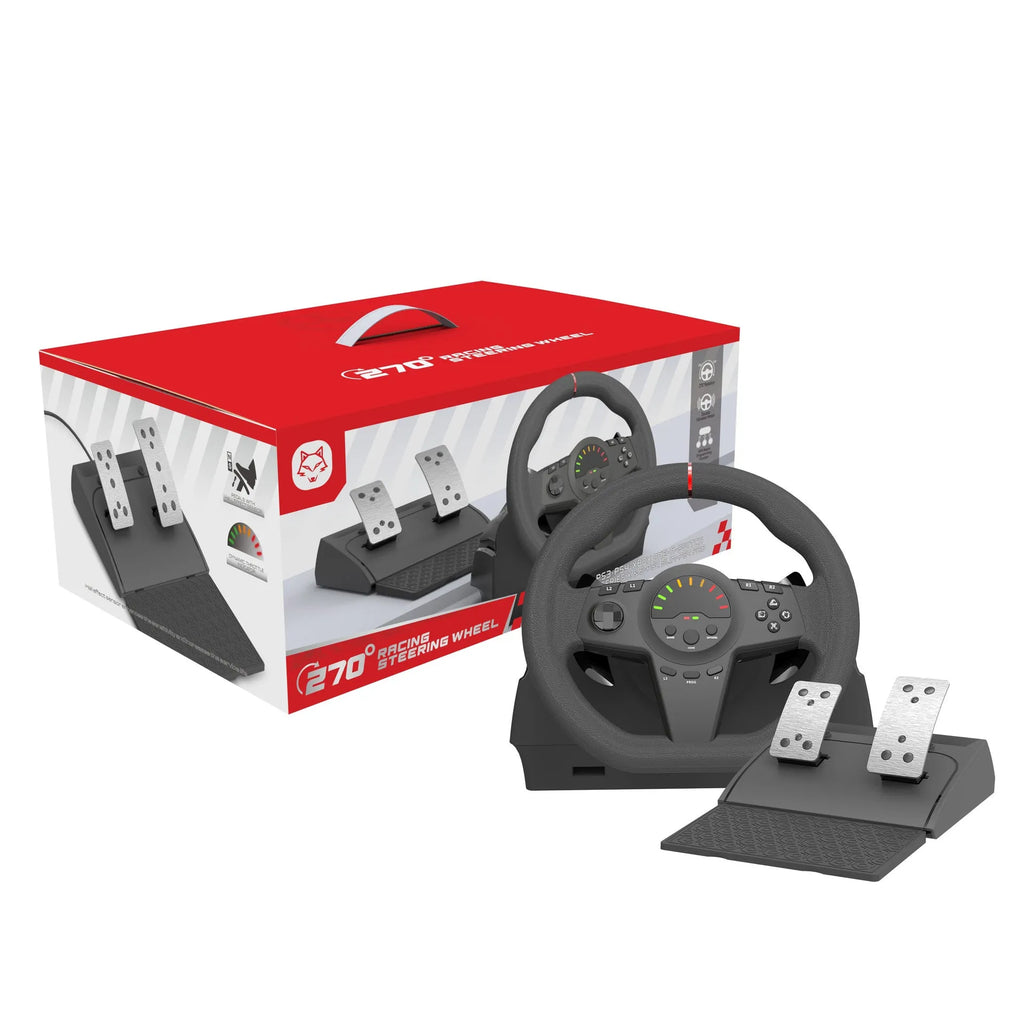 Black gaming steering wheel with two pedals and mounting bracket for multi-platform racing games