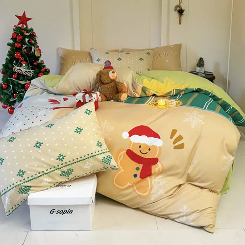 Christmas style four-piece bedding set with Gingerbread Man cartoon print on super soft washed cotton