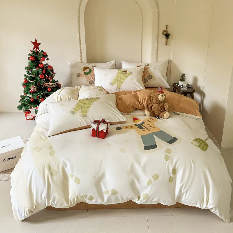 Christmas style four-piece bedding set with Gingerbread Man cartoon print on super soft washed cotton