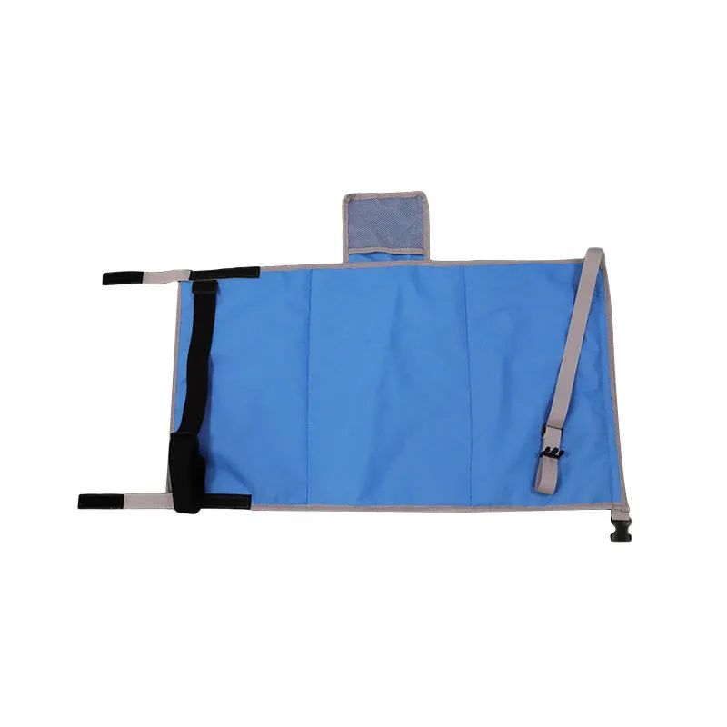 Portable blue nylon aircraft seat extender for children with drawstring storage pocket attached