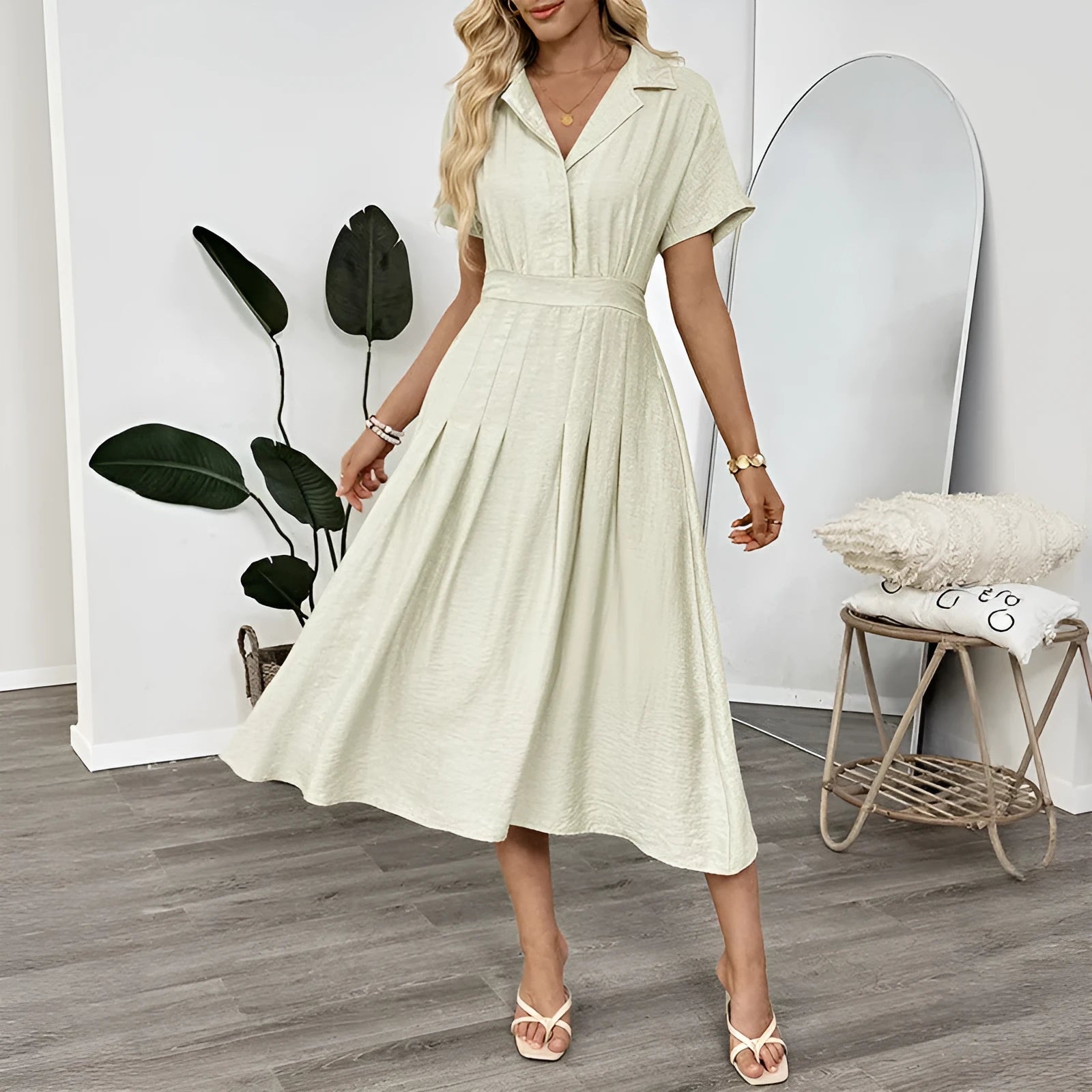 Light green women's shirtdress with lapel collar, waist tie, and side pockets.
