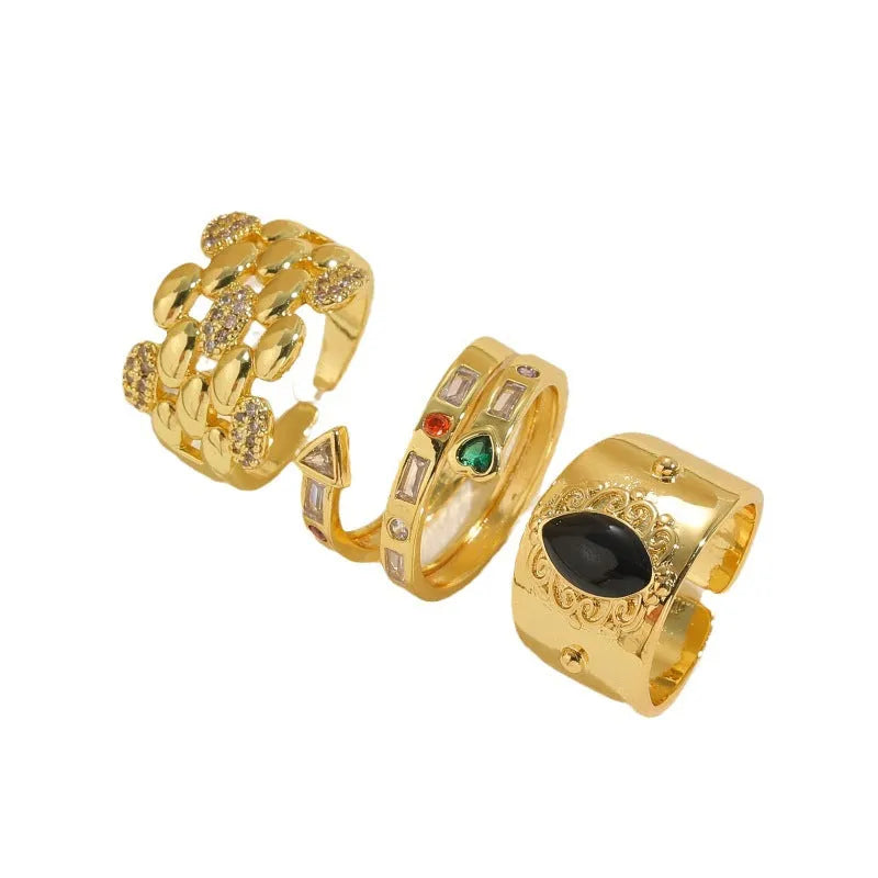 Vintage Chinese style geometric ring with zircon stones and horse eye black electroplated finish