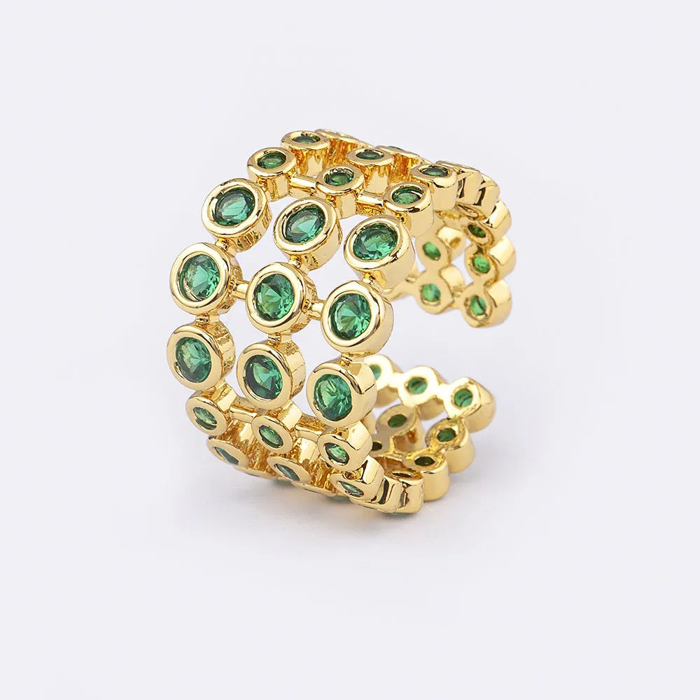 Copper ring with 18K gold three-layer plating and green zircon detailing on wide band