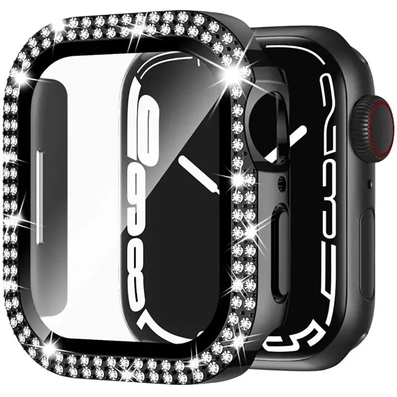 Apple Watch case with double diamond glass screen protector in rose pink colour for a 44mm model.