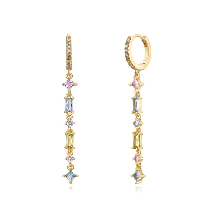 Geometric U-shaped sterling silver alloy ear clips with colourful zircon stones and tassel design