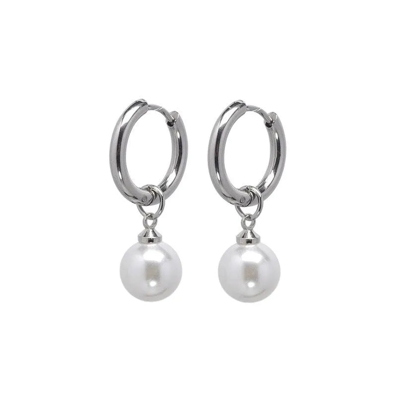 Pearl drop earrings with geometric alloy shape and titanium steel posts