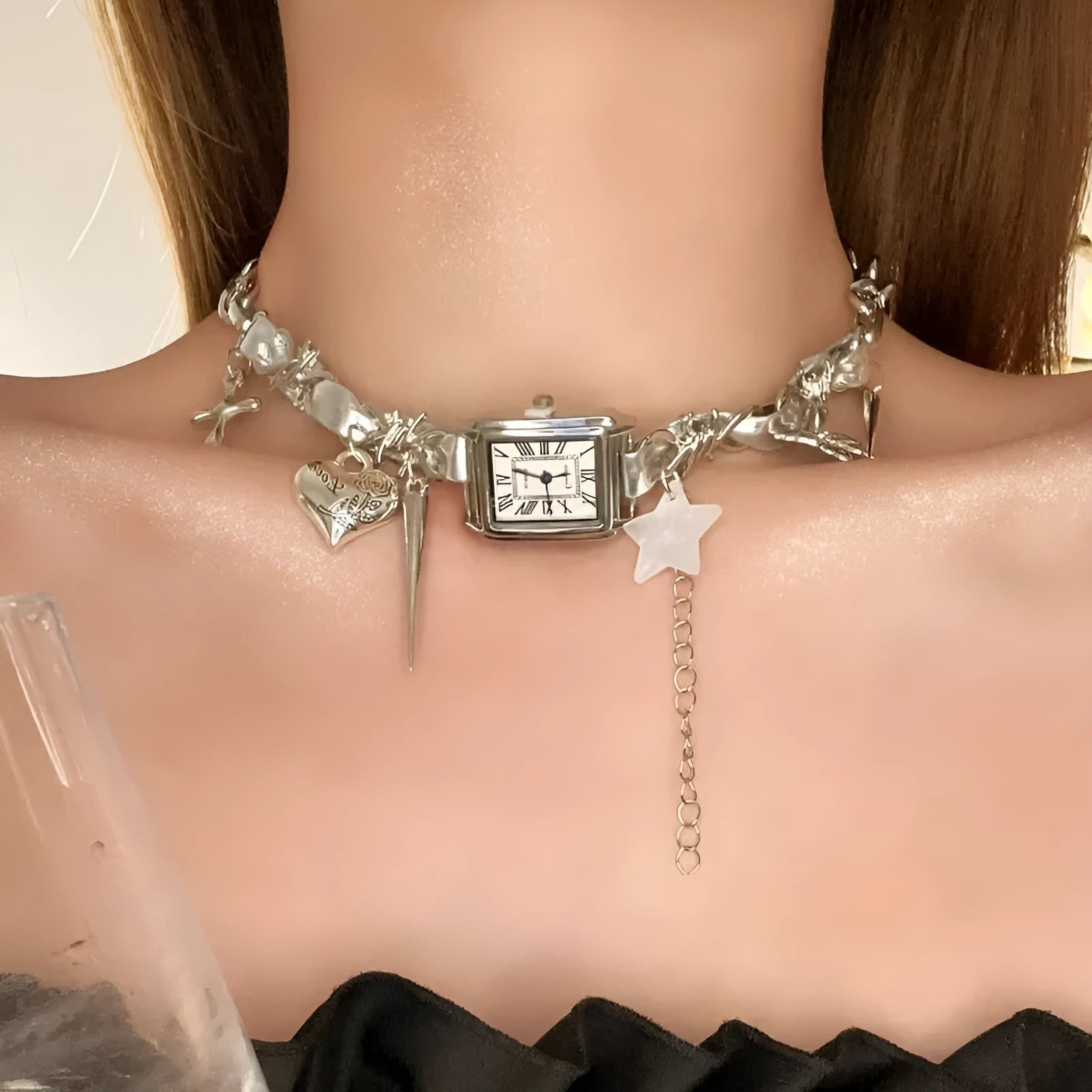 Dark style multi-layer cross necklace with hemp flowers chain adjustable 41-50cm electroplated alloy