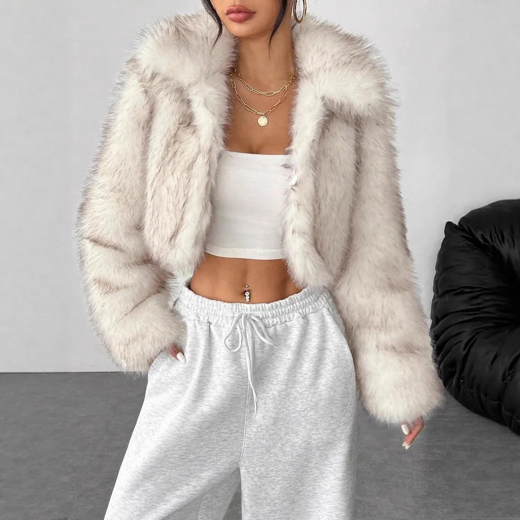 Women's artificial fur coat with fur collar in six colour options including dog fur pattern
