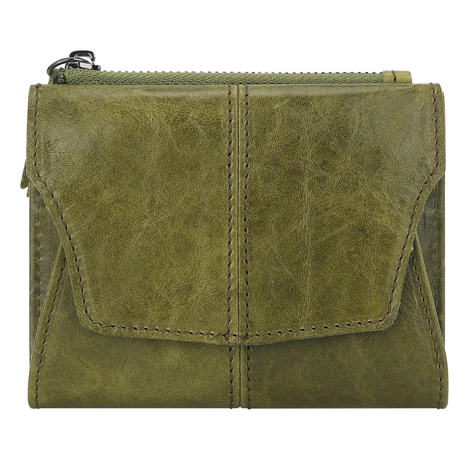 Genuine leather coin purse with stitching details in brown colour showing RFID protection feature