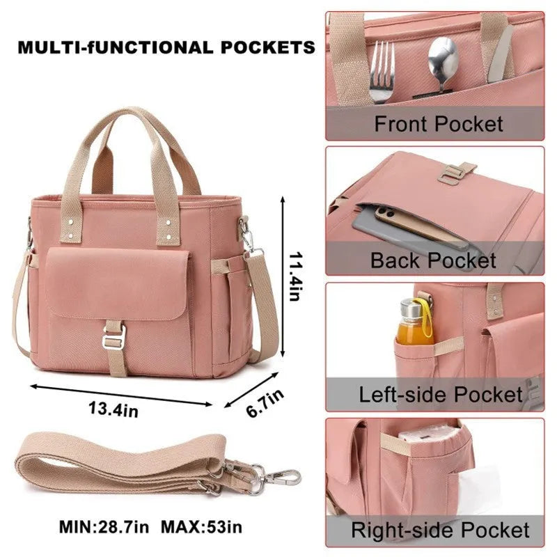 Insulated cube-style hiking bag with removable shoulder strap and side pocket in Oxford cloth