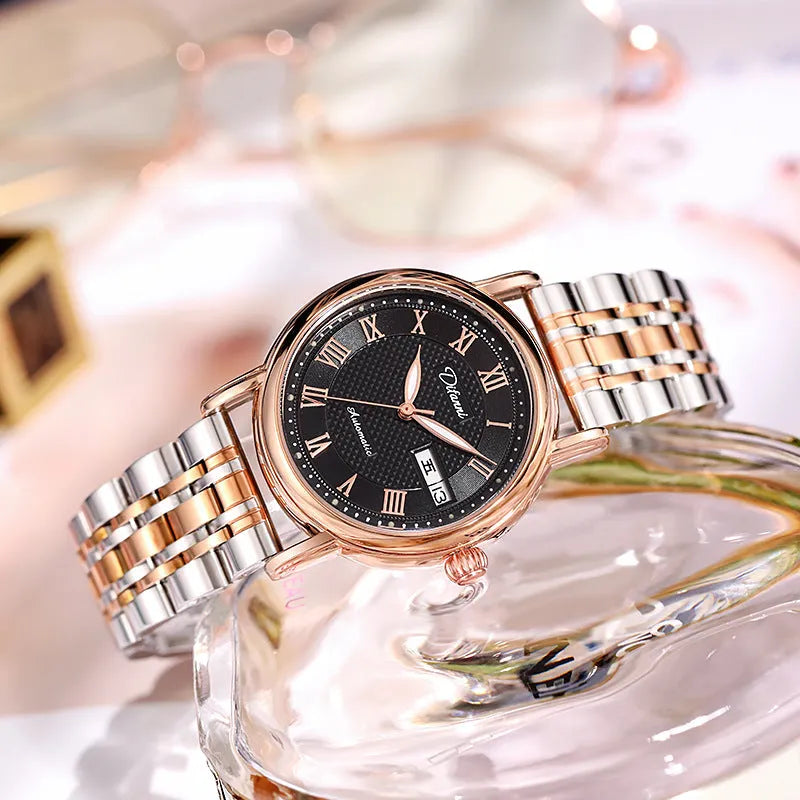 Women's fashion automatic mechanical watch with choice of steel or leather strap.