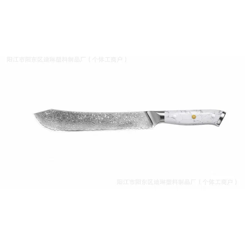 Damascus pattern VG10 steel combined chef knife with 21cm blade on wooden surface