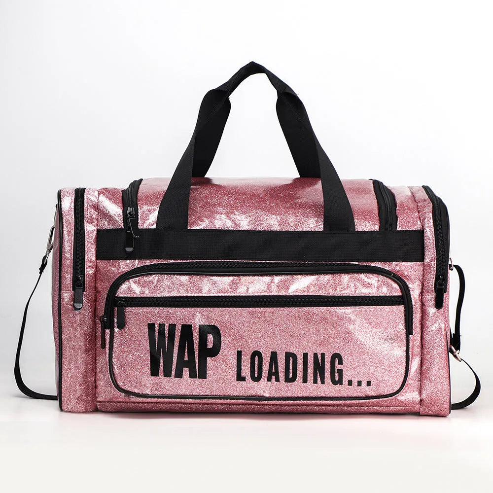 Large silver PU leather sports handbag with letter design for yoga and fitness