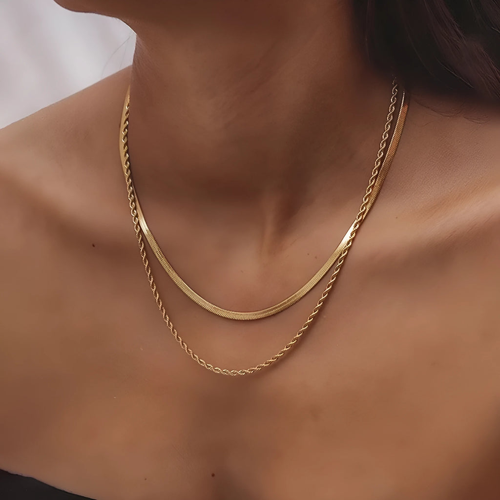 Stainless steel double-layer twist necklace with snake bones chain and geometric titanium steel pendant