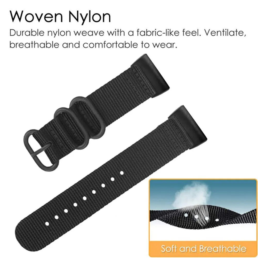 Nylon three-ring buckle replacement strap for Fitbit Charge fitness tracker in multiple colours.