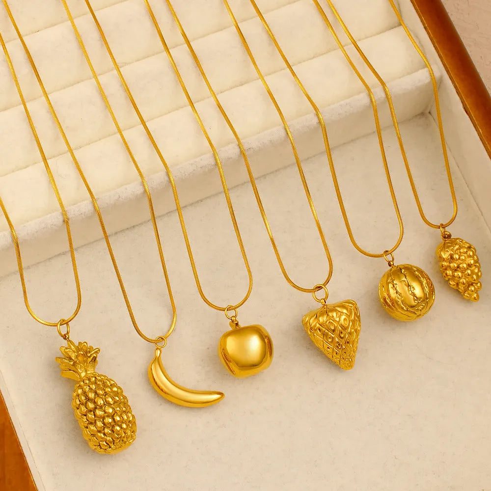 Stainless steel necklace with fruit pendants: apple, grape, watermelon, banana, pineapple, strawberry.