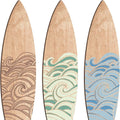 Three wooden surfboard-shaped wall decorations displayed together