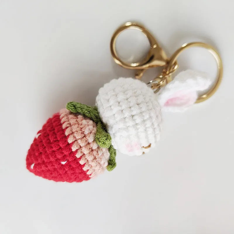Hand-woven rabbit strawberry pendant made from four-strand doll wire with attached key