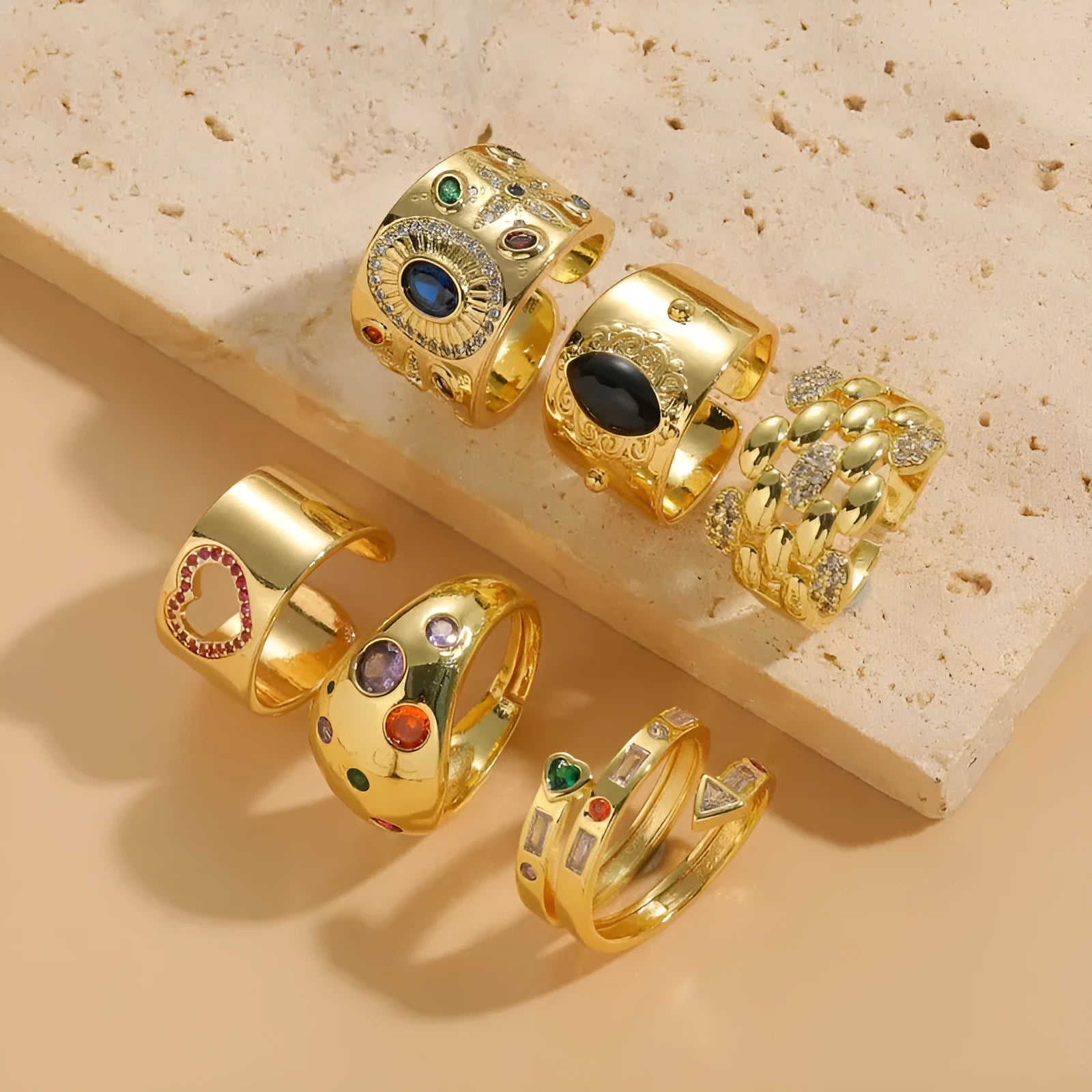 Vintage Chinese style geometric ring with zircon stones and horse eye black electroplated finish