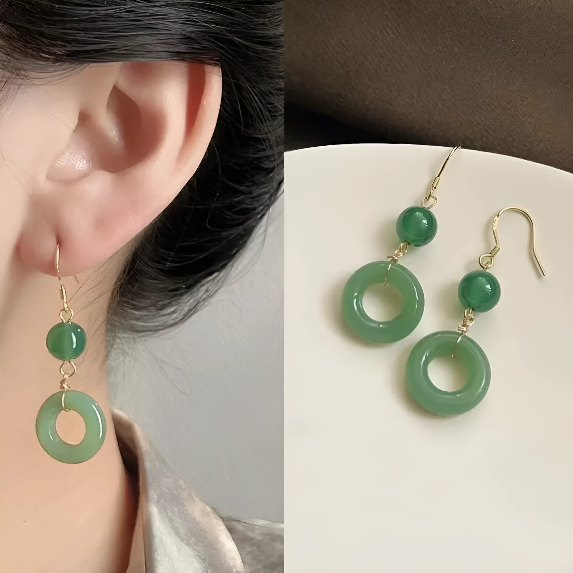 A pair of geometric green jade design Peace Buckle earrings in zinc alloy on a white background.