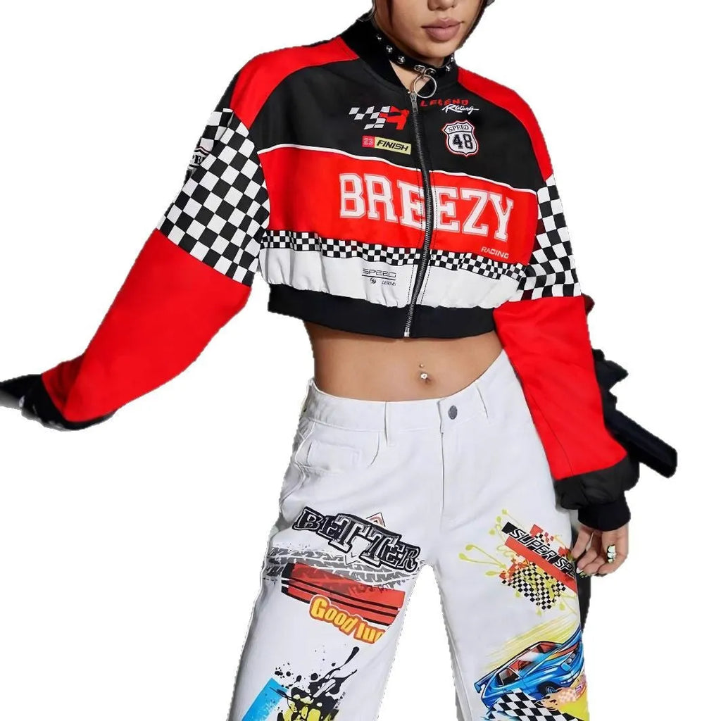 Women's loose casual zip-up jacket with geometric pattern in blue, modelled