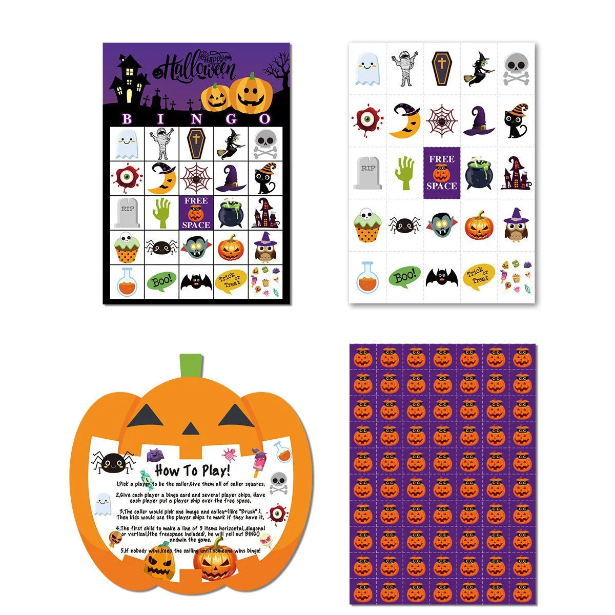 Halloween bingo game card with pumpkin design and paper nameplates on a table