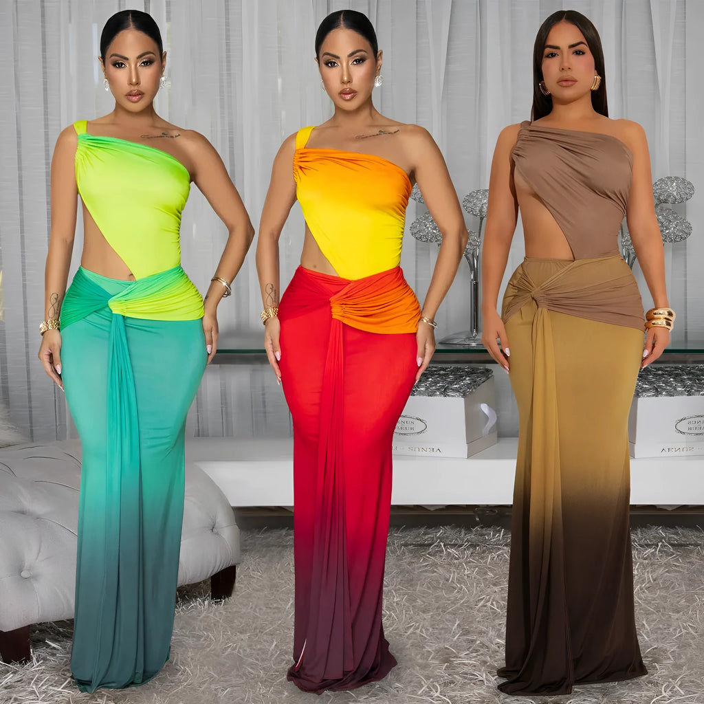 Women's gradient colour cross-shoulder summer dress in polyester, shown in a high-waist long skirt style.