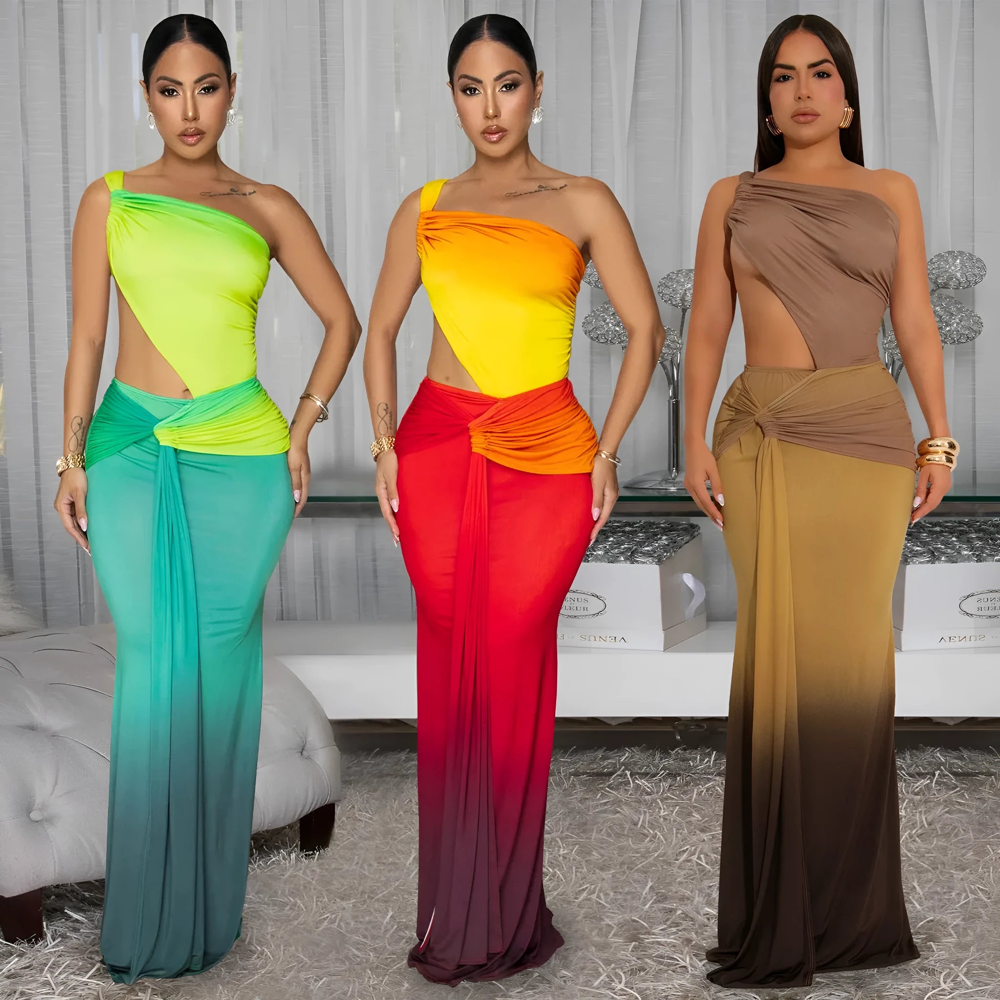 Women's gradient colour cross-shoulder summer dress in polyester, shown in a high-waist long skirt style.