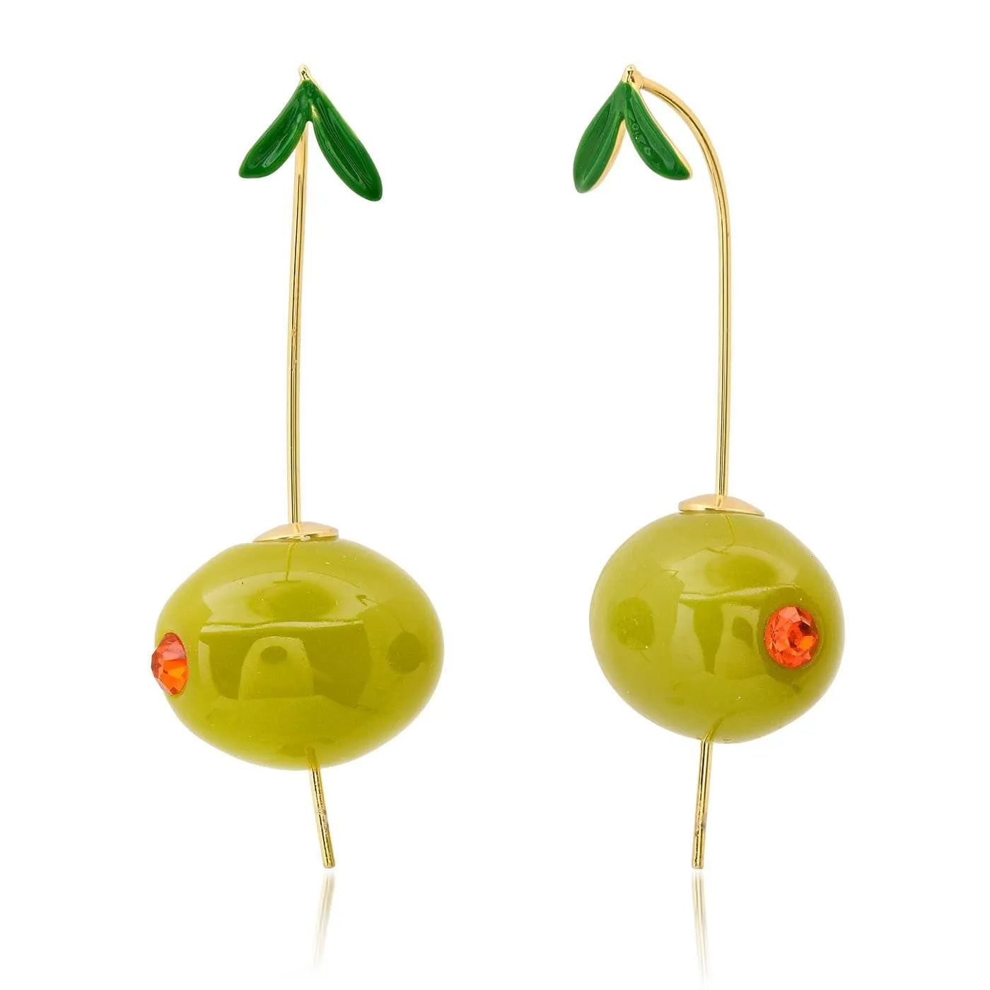 Gold plated copper earrings with detailed carrot, orange, blueberry, chilli, lemon, olive, and peach designs.