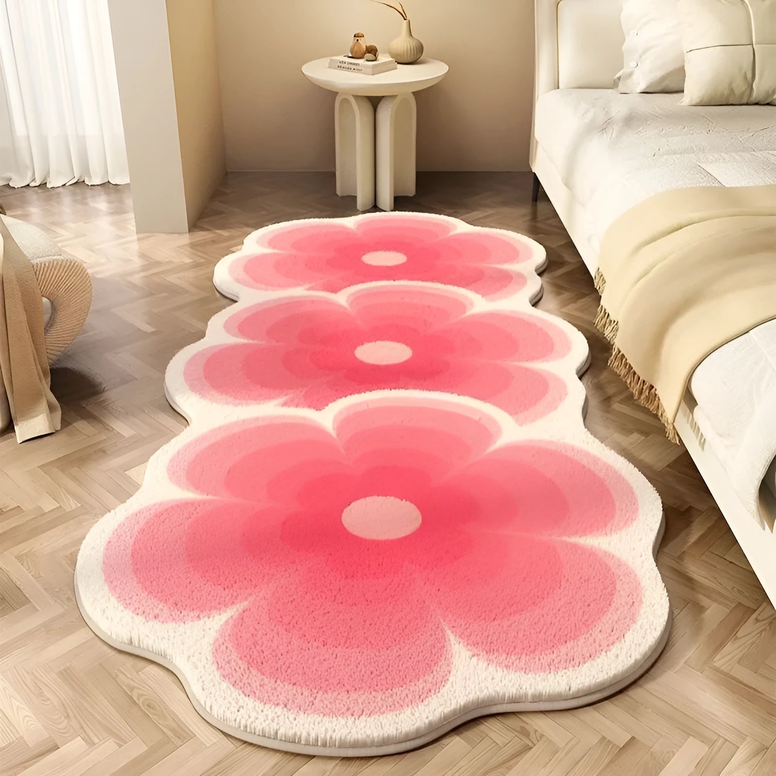 Colourful flower-shaped bedside blanket with floral print on a soft imitation cashmere texture