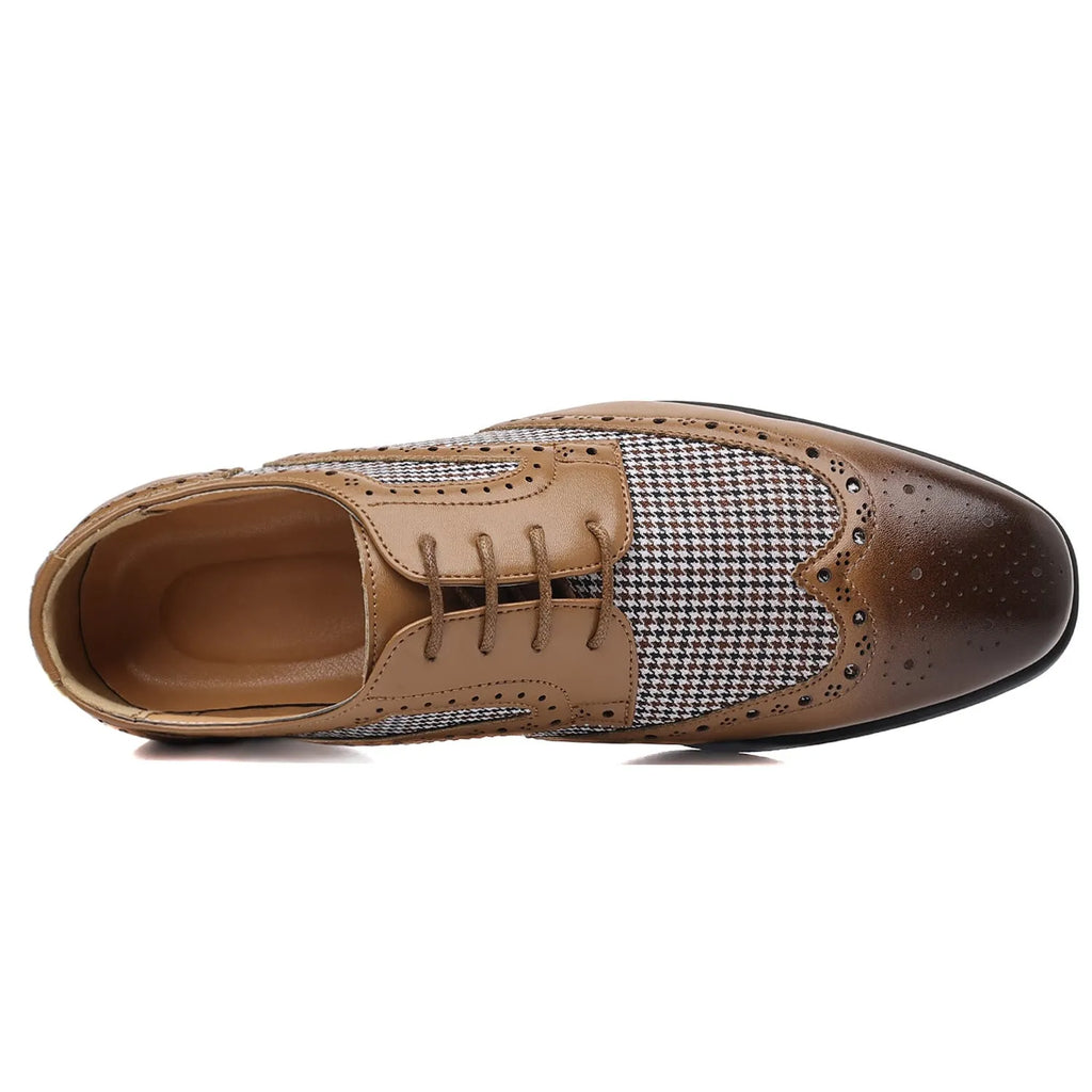Men's black houndstooth pattern casual leather shoes with square toe and lace-up front.