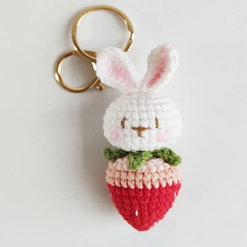 Hand-woven rabbit strawberry pendant made from four-strand doll wire with attached key