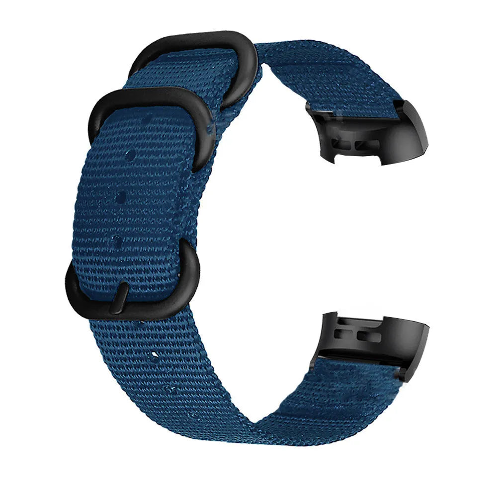 Nylon three-ring buckle replacement strap for Fitbit Charge fitness tracker in multiple colours.