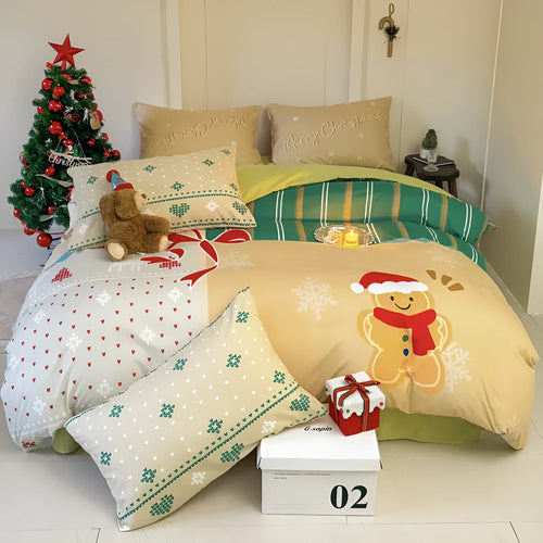 Christmas style four-piece bedding set with Gingerbread Man cartoon print on super soft washed cotton