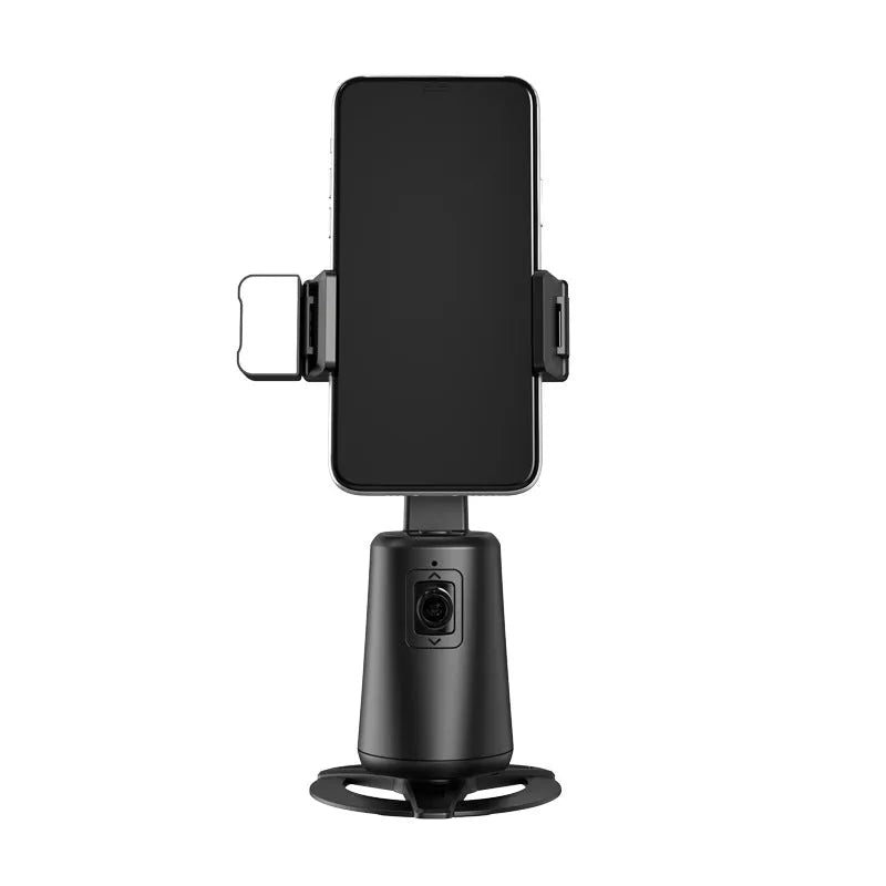 Black desktop phone bracket with LED ribbon lights showing rotating camera head and remote control
