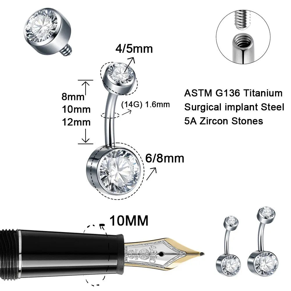 Double-headed zircon titanium alloy navel stud in multiple colours and sizes.