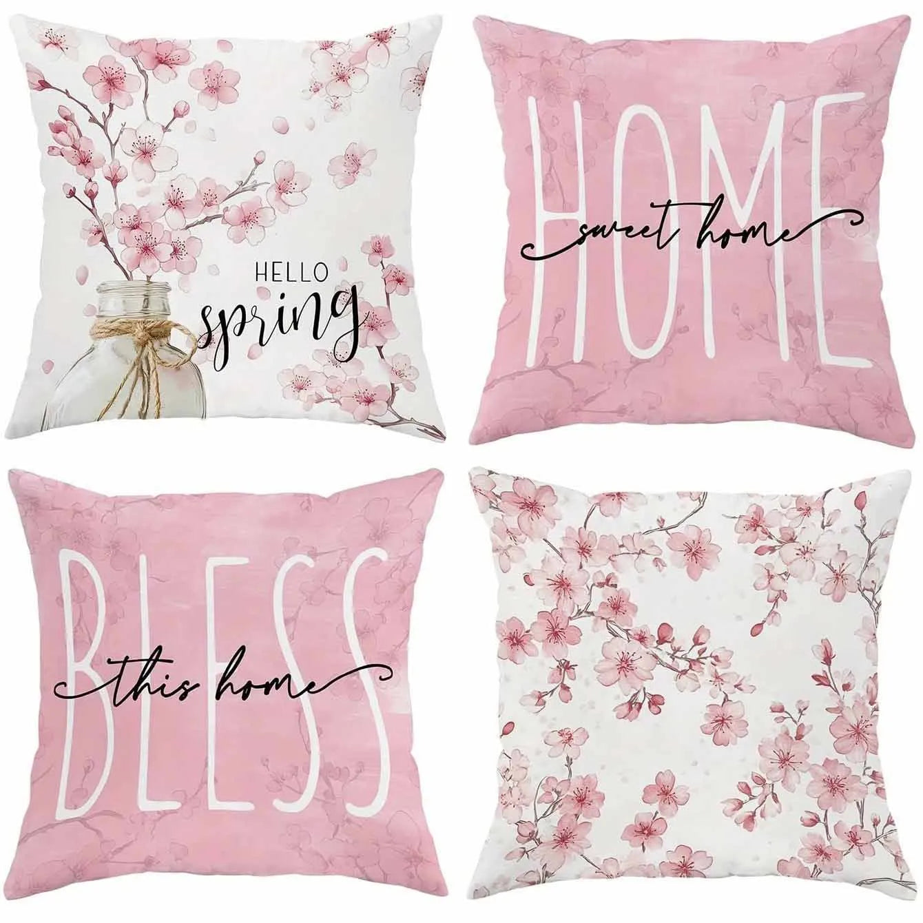 Short velvet cushion cover with cherry blossom letter print, 45cm square, shown in one of four colours.