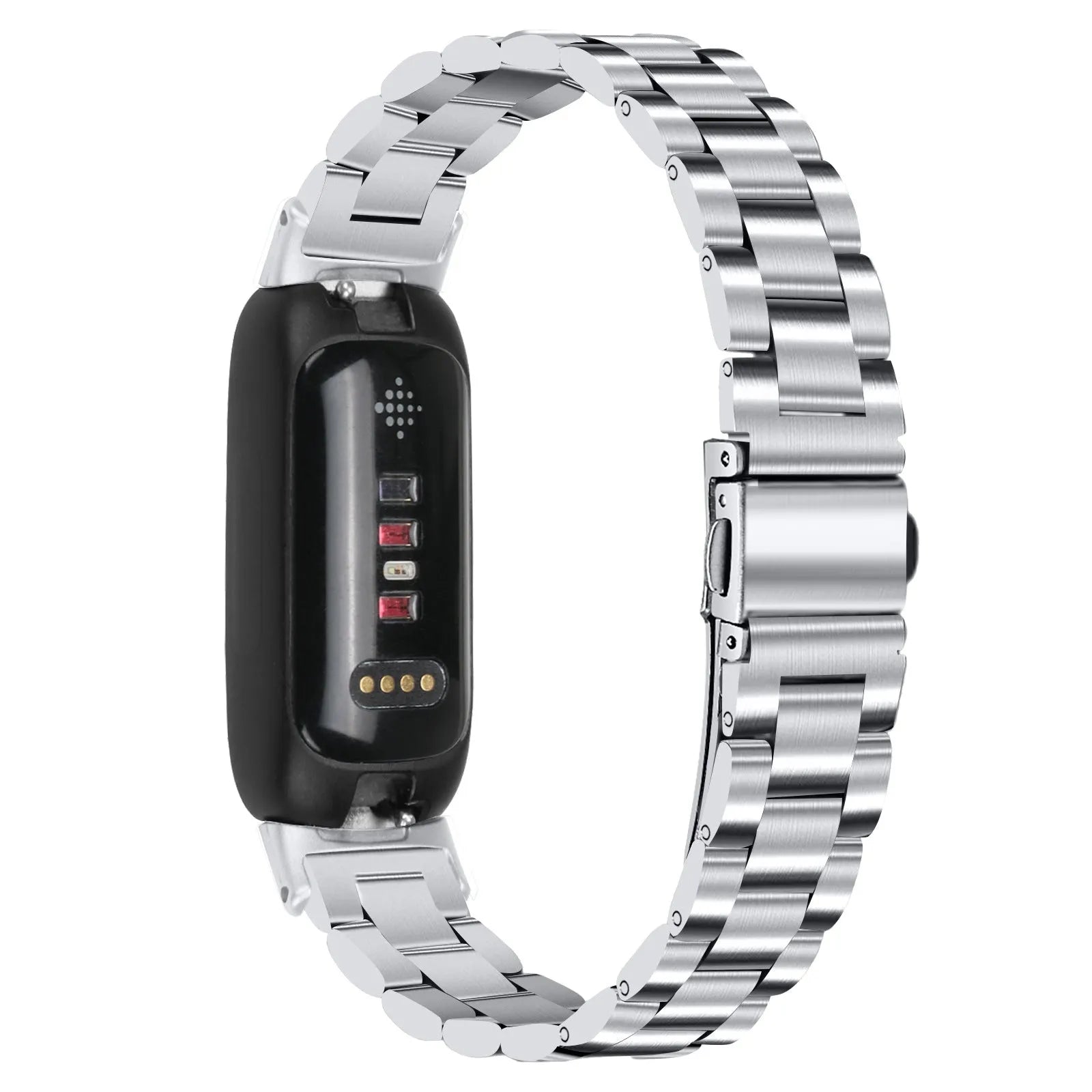 Stainless steel three-bead watch strap for Fitbit Inspire 3 fitness tracker showing adjustable clasp and bead detail