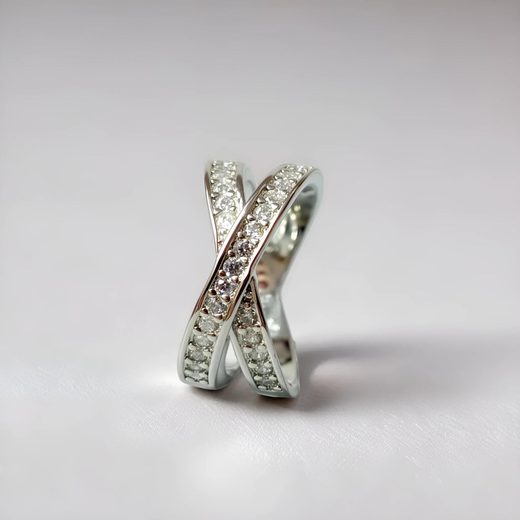 Metal cross ring with micro-inlaid zircon stones in silver or rose gold electroplate
