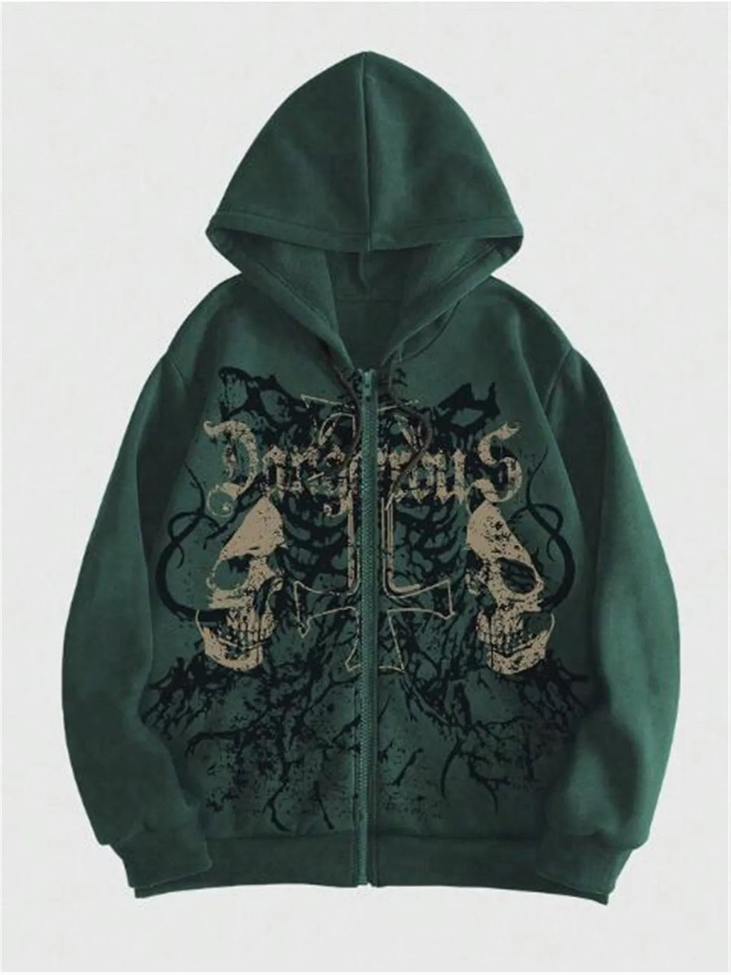 Black men's hooded sweatshirt with a white skull hot stamp print on the chest.