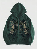 Black men's hooded sweatshirt with a white skull hot stamp print on the chest.